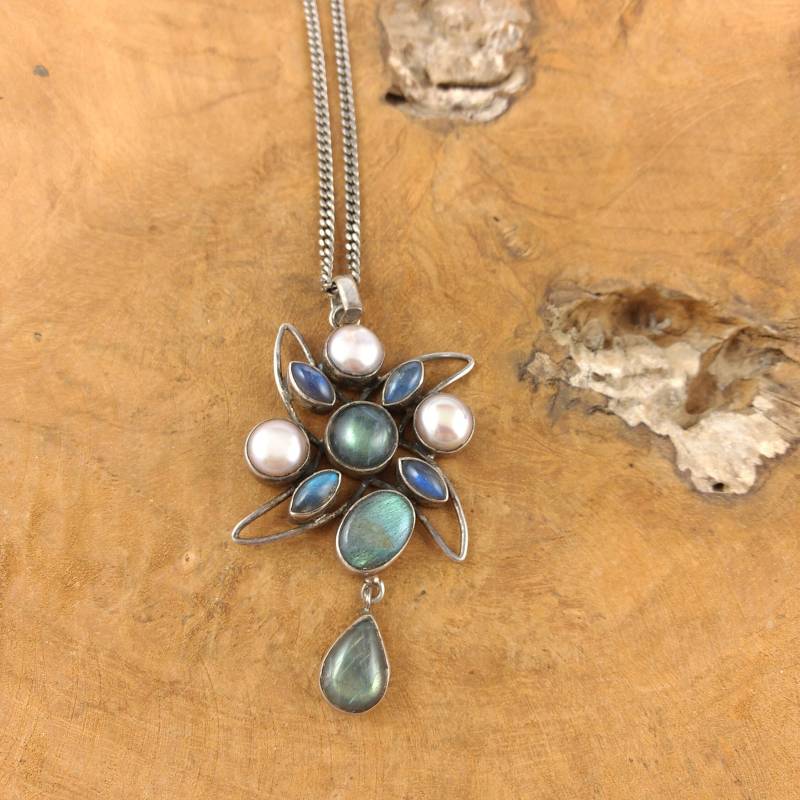 Labradorit Und Perlenkette - Silber Blau Grün Großer Anhänger Vintage Schmuck von Factory23