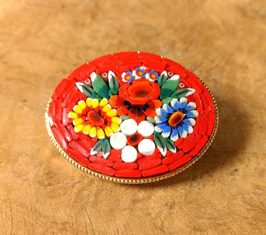 Mikromosaik Brosche - Rot Und Gold Blumenmuster Italien Vintage Schmuck von Factory23