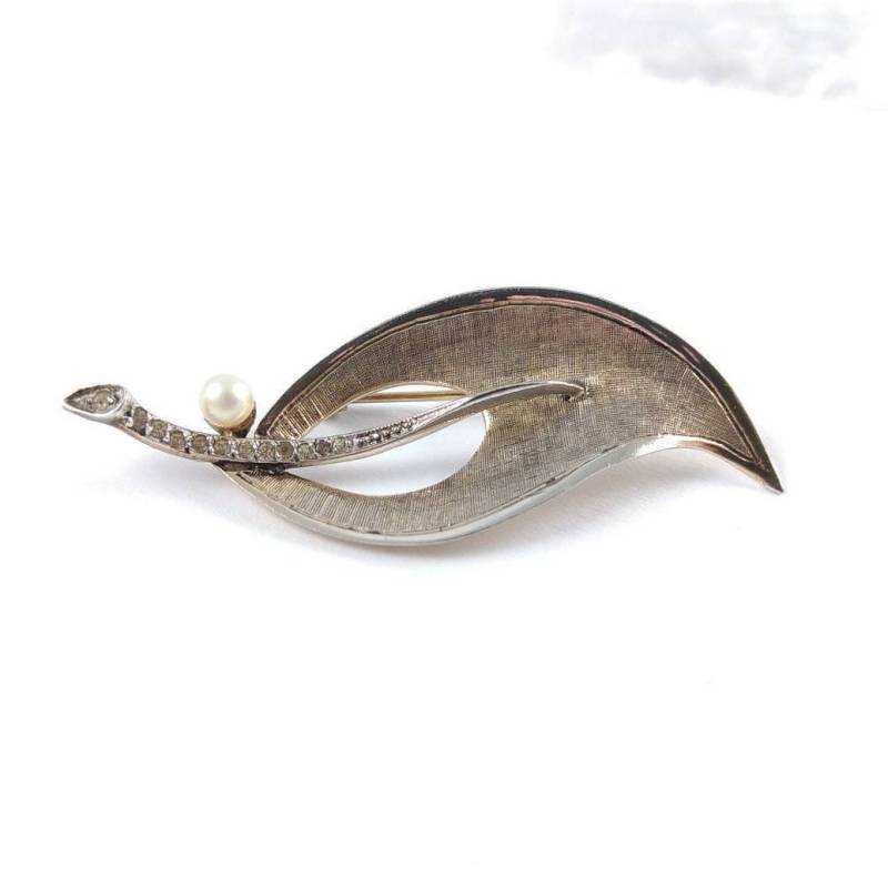 Silberne Brooch-Blatt-Scharfle-835 Silberperlenperlen-Rhinestones-Vintage Schmuck-5, 5 cm von Factory23