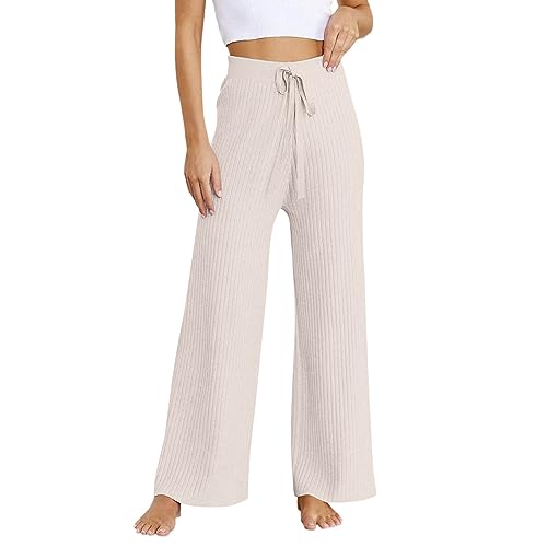 Factorys Gerippte Strickhose für Damen mit weitem Bein, lässig fließende Pulloverhose mit elastischem Bund Spinning Hose Damen Gepolstert 3/4 (Beige, One Size) von Factorys