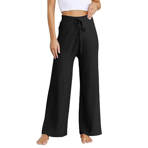 Factorys Gerippte Strickhose für Damen mit weitem Bein, lässig fließende Pulloverhose mit elastischem Bund Spinning Hose Damen Gepolstert 3/4 (Black, One Size) von Factorys