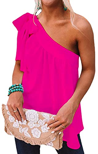 Faculol One-Shoulder-Top für Damen, lässig, lockerer Knoten zum Selbstbinden, ärmellose Tunika-Bluse, fuchsia, X-Groß von Faculol