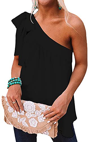 Faculol One-Shoulder-Top für Damen, lässig, lockerer Knoten zum Selbstbinden, ärmellose Tunika-Bluse, schwarz, X-Groß von Faculol