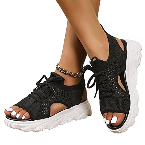 Facynde Muffin-Sandalen | Lässige Sommer-Muffinschuhe mit dicker Sohle,Atmungsaktive Mesh-Sandalen mit Aushöhlung und Schnürung, Peep-Toe-Sandalen für Damen von Facynde