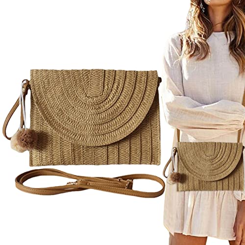 Facynde Stroh Strandtasche Handarbeit Weben Umhängetasche Retro Halbkreisförmig Sommer Böhmische Quaste Schulterbeutel Geldbörse Für Frauen, Sommer Handgewebte Tote Bags von Facynde
