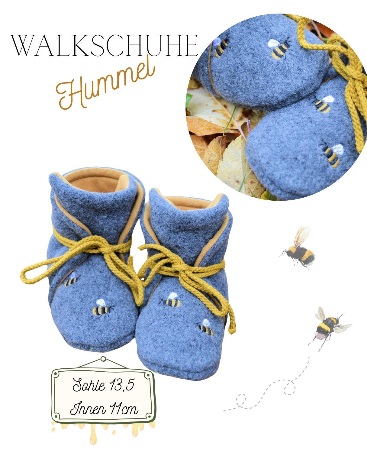 Innensohle 11cm, Graue Wollschuhe Mit Hummelstickerei | Handarbeit Aus Walkloden Warme Babyschuhe Zum Schnüren von FadenfuchsKreationen