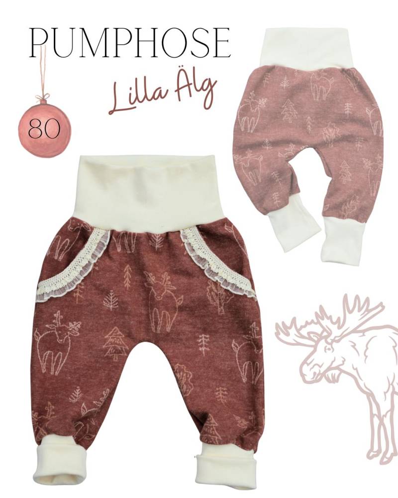 Mitwachshose Baby 80 | Pumphose „Lilla Älg" Aus French Terry Handmade Babyhose Mit Spitze Kuschelig Weich & Bequem von FadenfuchsKreationen