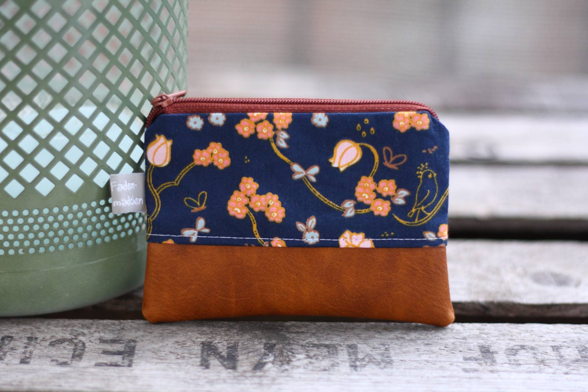 Kleine Schlüsseltasche Luzie Aus Kunstleder Und Baumwolle in Blau Braun Mini-Geldbörse Schlüsseletui Schlüsseltäschchen von Fadenmaedchen