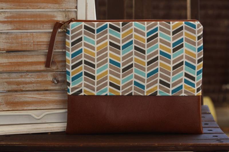 Kosmetiktäschchen L Fischgrät Türkis/Braun von Fadenmaedchen