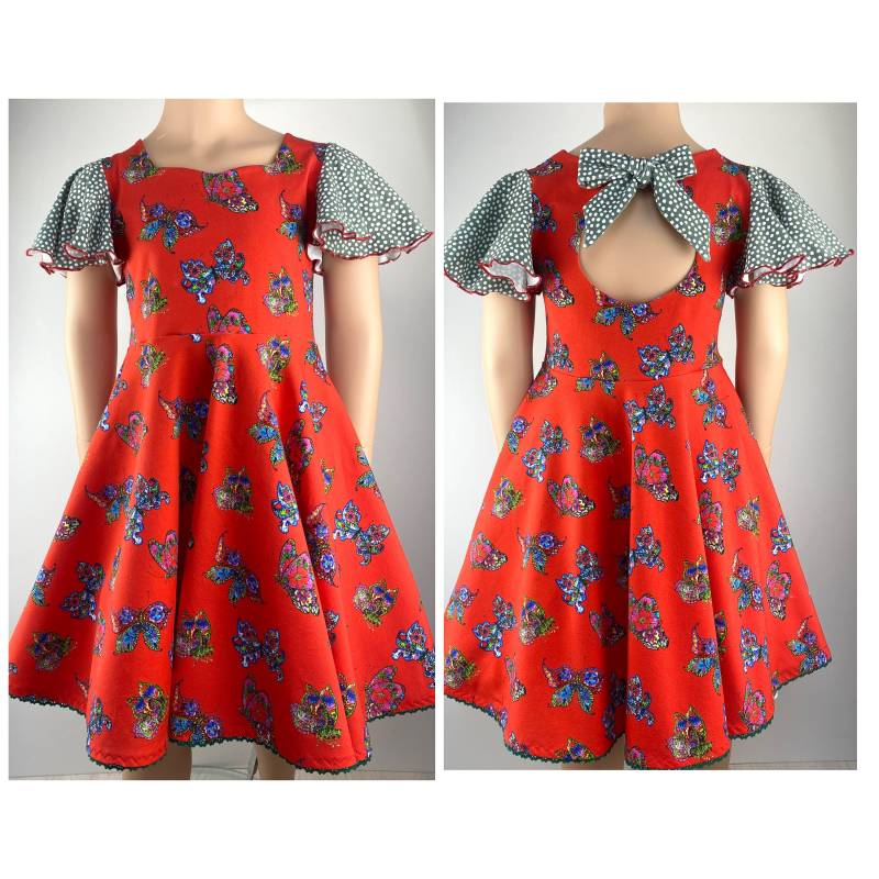 122/128 Sommerkleid Drehkleid Tellerkleid Schmetterlinge Rot von FadenzauberbyAntje