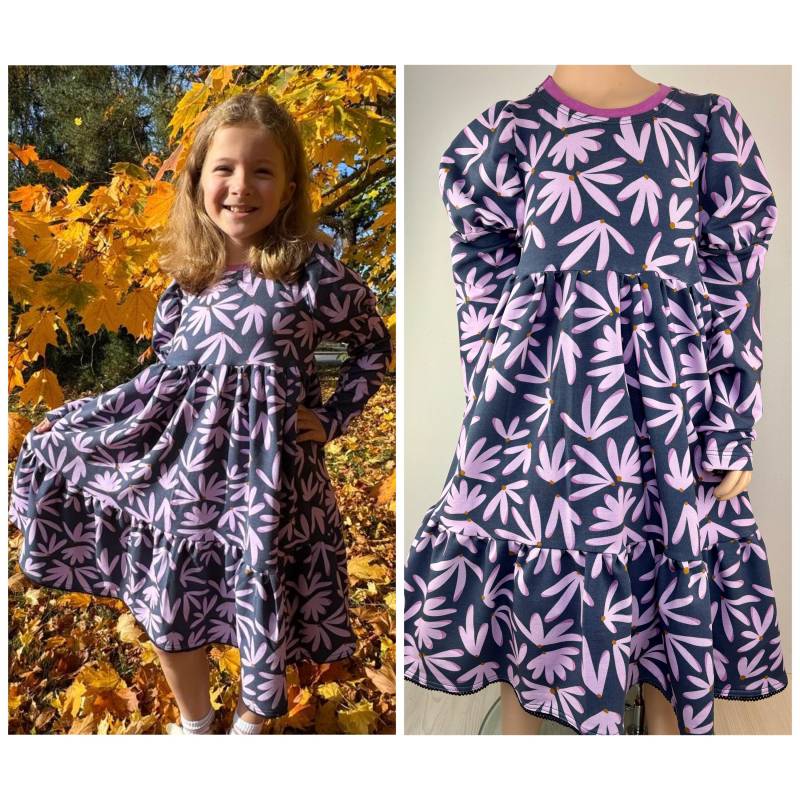 Kleid Baumwollkleid Langarmkleid Sweatkleid Drehkleid Stufenkleid Rosa/Marine Und Mauve/Gelb von FadenzauberbyAntje