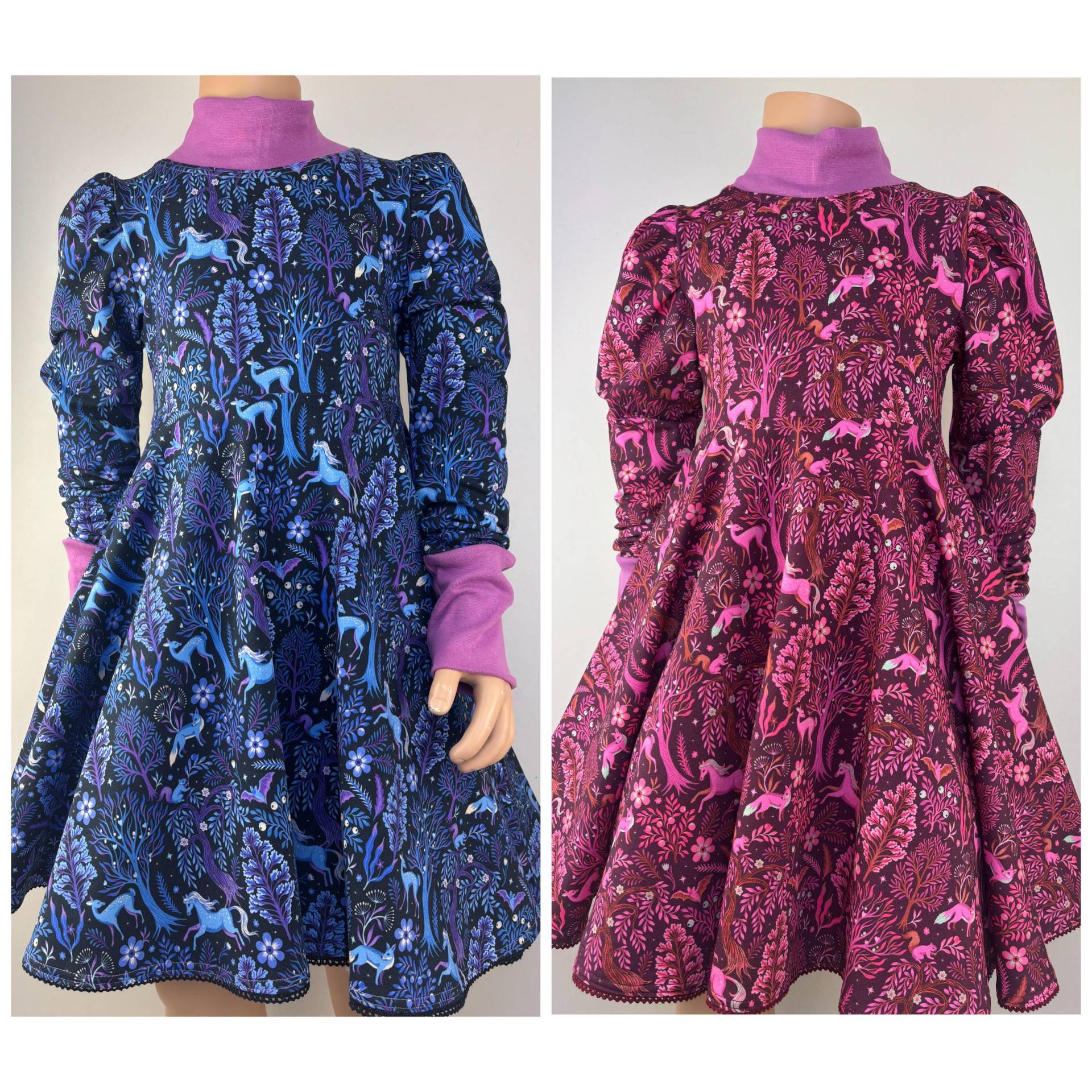 Kleid Zum Kuscheln Und Drehen Für Mädchen Aus Sweat Mystic Forest Wald Pferde von FadenzauberbyAntje