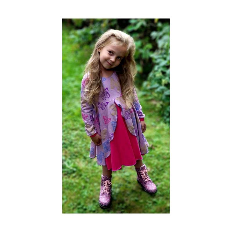 Tellerkleid Jerseykleid Langarmkleid Doppelrock Glitzer Schmetterlinge Rot/Beige von FadenzauberbyAntje