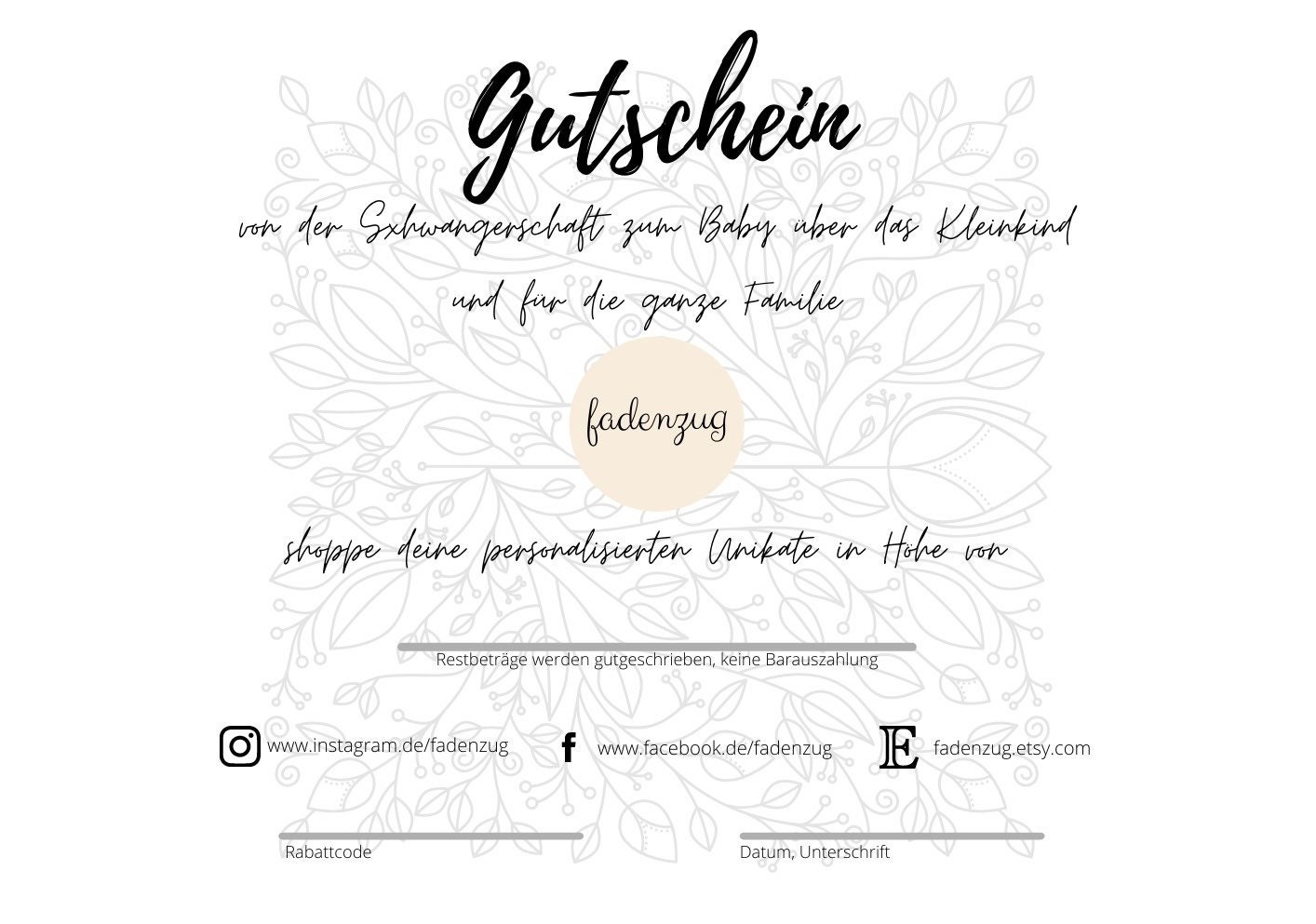 Gutschein Für Den Shop Fadenzug Personalisierte Kinderartikel Babyartikel Familienartikel Kleinkind Kind Baby Familie von Fadenzug