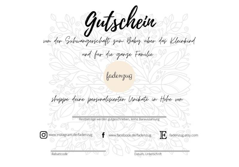 Gutschein Für Den Shop Fadenzug Personalisierte Kinderartikel Babyartikel Familienartikel Kleinkind Kind Baby Familie von Fadenzug