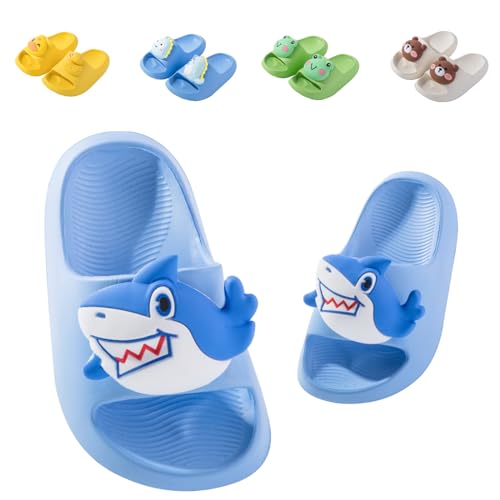 Badelatschen Kinder Flache Sommer Hausschuhe Jungen Mädchen Dusch Badeschuhe Strand Pantoletten Slippers Eltern-Kind Sandalen Leicht Anti-rutsch Badeschlappen Hai Blau 32-33 (Etikettengröße 210mm) von Fadezar
