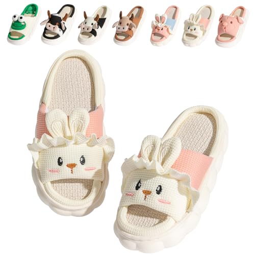 Fadezar Hausschuhe Damen Kuh/Frosch/Hase/Karikatur rutschfeste Pantoffeln Slip on Bequeme Flache cozy Slippers Hase Weiß EU 35-36 Etikettengröße 36-37 von Fadezar