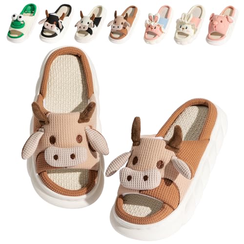 Fadezar Hausschuhe Damen Kuh/Frosch/Hase/Karikatur rutschfeste Pantoffeln Slip on Bequeme Flache cozy Slippers Kuh Hellbraun EU 37-38 Etikettengröße 38-39 von Fadezar