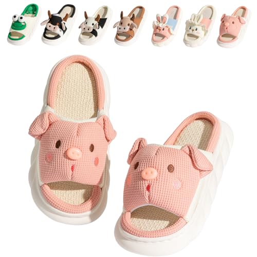 Fadezar Hausschuhe Damen Kuh/Frosch/Hase/Karikatur rutschfeste Pantoffeln Slip on Bequeme Flache cozy Slippers Schwein Dunkel rosa EU 37-38 Etikettengröße 38-39 von Fadezar