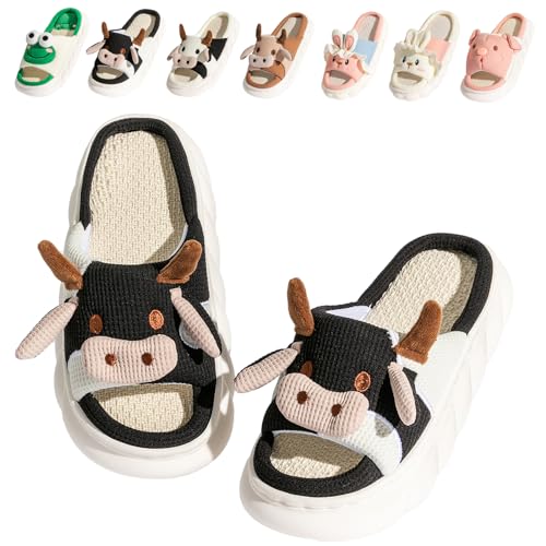 Fadezar Hausschuhe Damen Kuh/Frosch/Hase/Karikatur rutschfeste Pantoffeln Slip on Bequeme Flache cozy Slippers Kuh schwarz EU 43-44 Etikettengröße 44-45 von Fadezar