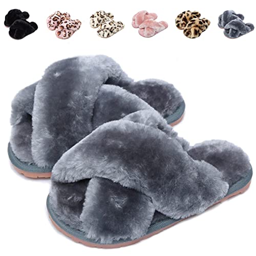 Fadezar Hausschuhe Damen Mädchen Winter Warm Plüsch Pantoffeln Kuschelige Flauschige Hausschuhe Weich Bequeme Rutschfeste Slippers für Kinder Grau EU 33/34 (Etikettengröße 34/35) von Fadezar