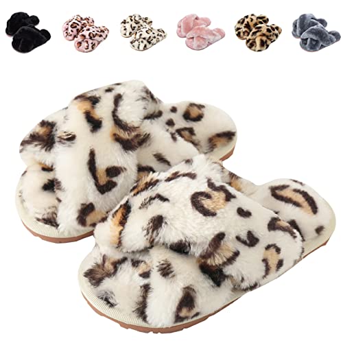 Fadezar Hausschuhe Damen Mädchen Winter Warm Plüsch Pantoffeln Kuschelige Flauschige Hausschuhe Weich Bequeme rutschfeste Slippers für Kinder Weißer Leopard EU 25/26 (Etikettengröße 26/27) von Fadezar