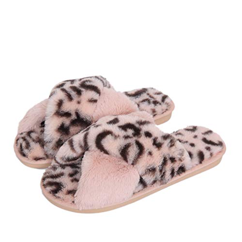 Fadezar Hausschuhe Damen Plüsch Pantoffeln Warme rutschfeste Flache Flip Flop Bequeme Filzhausschuhe für Damen,Rosa Leopard,37/38 EU (Herstellergröße 38/39) von Fadezar