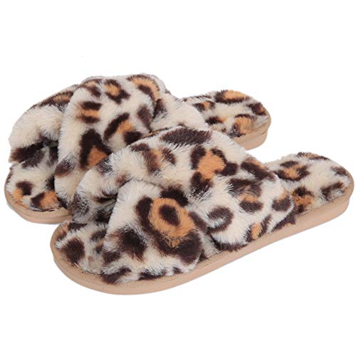 Fadezar Hausschuhe Damen Plüsch Pantoffeln Warme rutschfeste Flache Flip Flop Bequeme Filzhausschuhe für Damen,Weiß Leopard,39/40 EU (Herstellergröße 40/41) von Fadezar