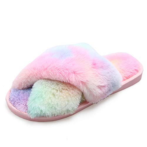 Fadezar Hausschuhe Damen Plüsch Pantoffeln Warme rutschfeste Flache Flip Flop Bequeme Filzhausschuhe für Damen,Bunt,39/40 EU (Herstellergröße 40/41) von Fadezar