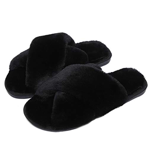Fadezar Hausschuhe Damen Plüsch Pantoffeln Warme rutschfeste Flache Flip Flop Bequeme Filzhausschuhe für Damen,Schwarz,39/40 EU (Herstellergröße 40/41) von Fadezar