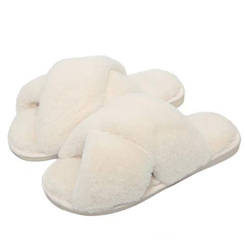 Fadezar Hausschuhe Damen Plüsch Pantoffeln Warme rutschfeste Flache Flip Flop Bequeme Filzhausschuhe für Damen,Weiß,37/38 EU (Herstellergröße 38/39) von Fadezar