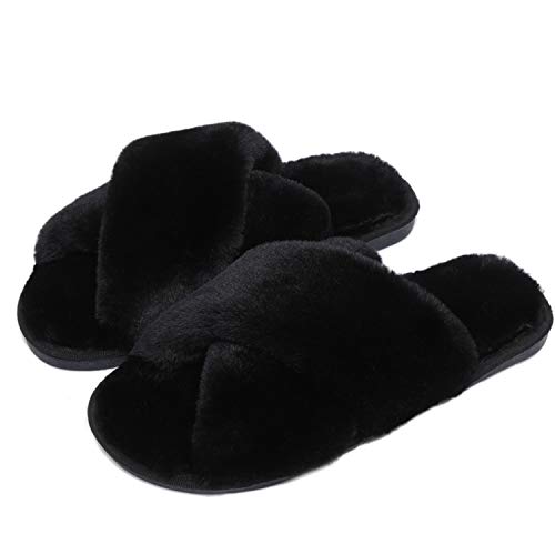 Fadezar Hausschuhe Damen Plüsch Pantoffeln Warme rutschfeste Flache Flip Flop Bequeme Filzhausschuhe für Damen,Schwarz,37/38 EU (Herstellergröße 38/39) von Fadezar