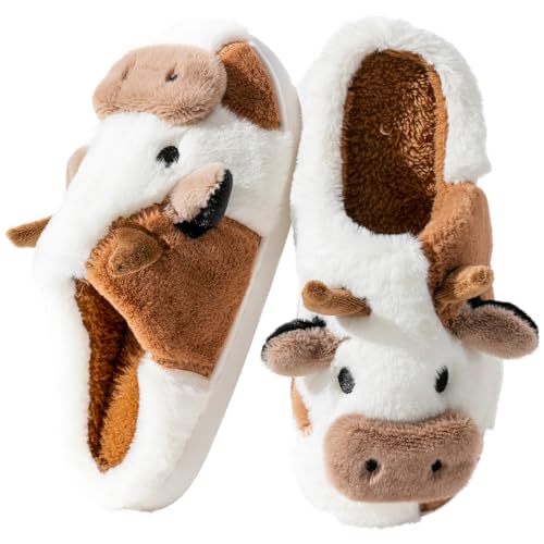 Fadezar Hausschuhe Damen Shark/Cow Winter Plüsch Pantoffeln Herren Flauschige Warme Hausschuhe Bequeme rutschfeste Flache Slippers Braun weiß EU 35-36 (Sohlengröße 36-37) von Fadezar