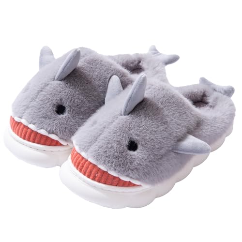 Fadezar Hausschuhe Damen Shark/Cow Winter Plüsch Pantoffeln Herren Flauschige Warme Hausschuhe Bequeme rutschfeste Flache Slippers Grau EU 39-40 (Sohlengröße 40-41) von Fadezar