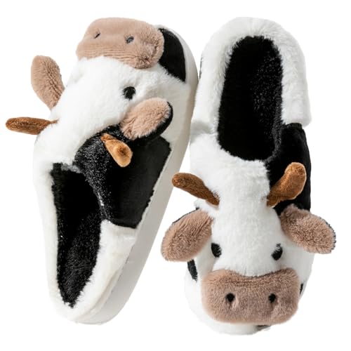 Fadezar Hausschuhe Damen Shark/Cow Winter Plüsch Pantoffeln Herren Flauschige Warme Hausschuhe Bequeme rutschfeste Flache Slippers Schwarz-Weiss EU 35-36 (Sohlengröße 36-37) von Fadezar