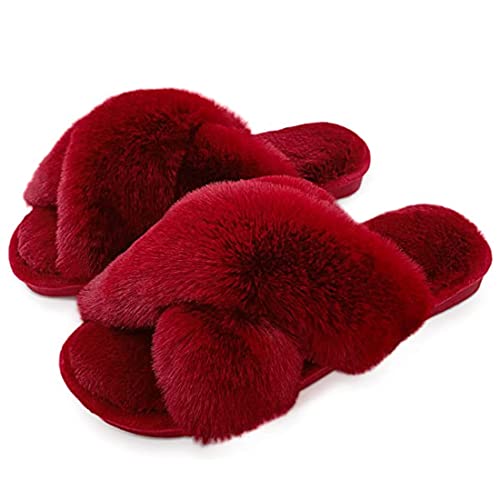 Fadezar Hausschuhe Damen Winter Plüsch Pantoffeln Warme rutschfeste Flache Flip Flop Bequeme Flauschige Hausschuhe für Damen rot EU 37-38 von Fadezar