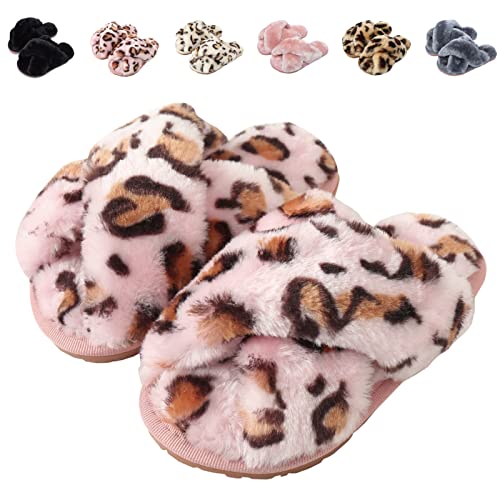 Fadezar Hausschuhe Damen Winter Warm Plüsch Pantoffeln Mädchen Kuschelige Flauschige Hausschuhe Weich Bequeme Rutschfeste Slippers für Kinder Rosa Leopard EU 27/28 (Etikettengröße 28/29) von Fadezar