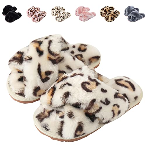 Fadezar Hausschuhe Damen Mädchen Winter Warm Plüsch Pantoffeln Kuschelige Flauschige Hausschuhe Weich Bequeme rutschfeste Slippers für Kinder Weißer Leopard EU 31/32 (Etikettengröße 32/33) von Fadezar