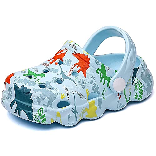 Kinder Clogs Pantoletten Jungen Gartenschuhe Gr.22-30 EU, Leicht Atmungsaktiv Dinosaurier Gartenclogs, Strand Sandalen Hausschuhe für Mädchen Hellblau EU 22 (Etikettengröße 140mm) von Fadezar