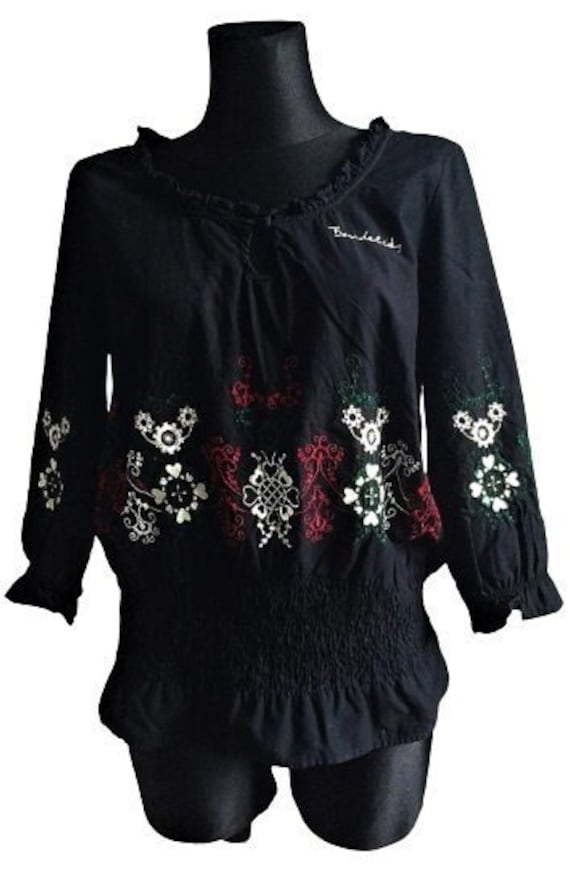 Bestickte Bluse Vintage Ethno Schwarz Boho Shirt Hippie Frauen Top Größe M/L von FadoVintageShop