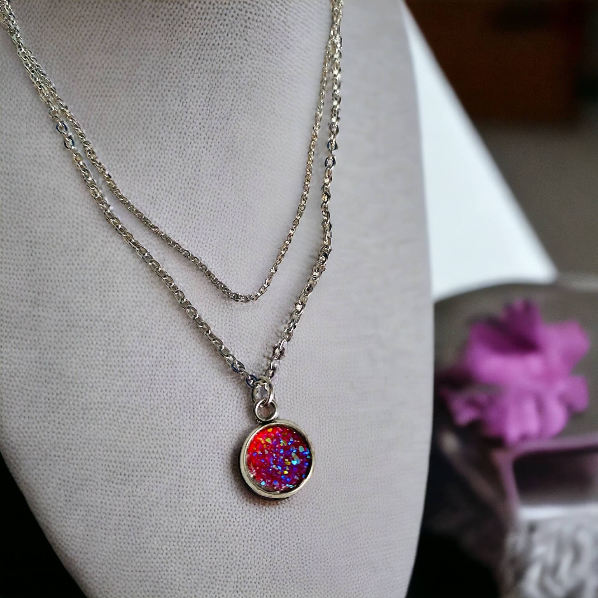 Doppelkette, Kurze Und Lange Kette, Anhänger, Glitzer, Cabochon, Zierliche Dünne Pink Blauer Kleiner Runder Silber von FaeSchmuckUndPlaner