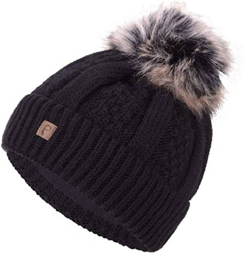 Bommelmütze Wintermütze warm gefüttert Kunstfell Bommel-Mütze Strickmuster Fleece-Futter Winter Strick-Mütze Beanie-Mütze Damen Herren One-Size von Faera