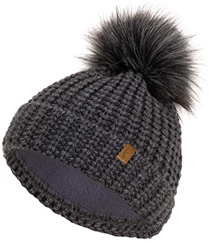 Compagno Wintermütze Mütze Damen warm gefüttert Bommelmütze Fleece-Futter Winter Strickmütze Beanie Haube, Farbe:Anthrazit von Faera