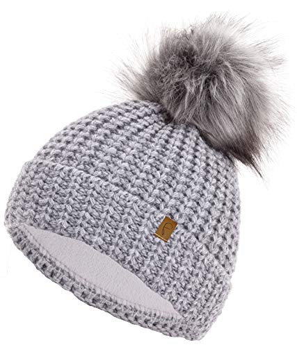 Compagno Wintermütze Mütze Damen warm gefüttert Bommelmütze Fleece-Futter Winter Strickmütze Beanie Haube, Farbe:Hellgrau von Faera