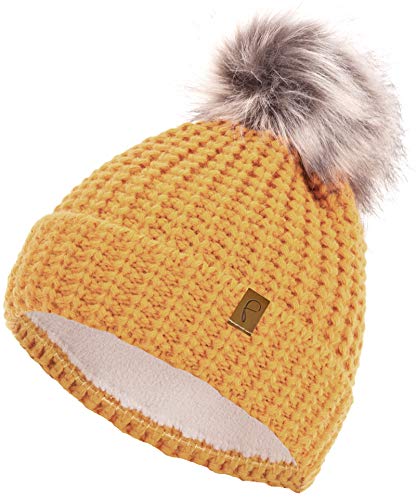 Compagno Wintermütze Mütze Damen warm gefüttert Bommelmütze Fleece-Futter Winter Strickmütze Beanie Haube, Farbe:Senf von Faera