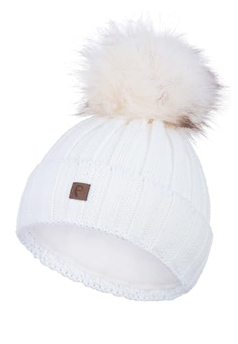 Damen Beanie Strickmütze Kunstfell-Bommel Thermo-Fleece Elastisch Warme Wintermütze, Farben:Weiß, Größe:One Size von Faera