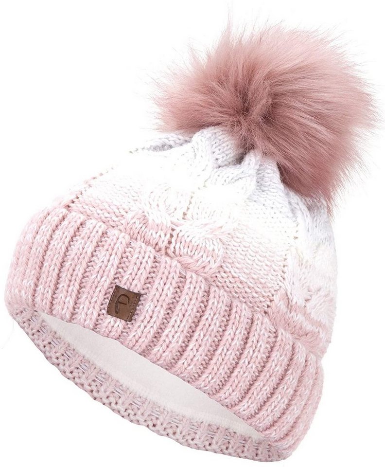 Faera Beanie Wintermütze warm gefüttert mit Kunstfell Bommel-Mütze Fleece-Futter von Faera