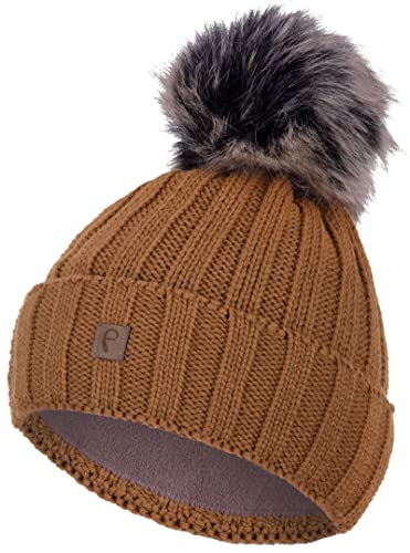 Faera Bommelmütze Mütze Damen gefüttert Wintermütze Strickmütze Mädchen Fleecefutter Beanie 79, Farbe:Braun von Faera