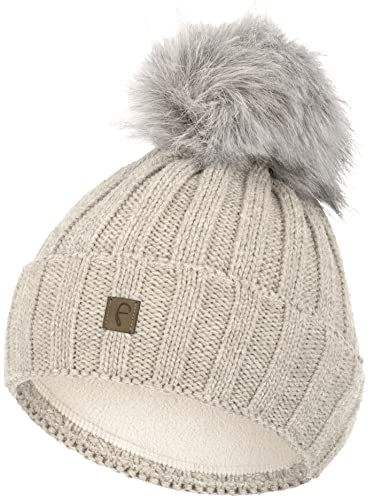 Faera Bommelmütze Mütze Damen gefüttert Wintermütze Strickmütze Mädchen Fleecefutter Beanie 79, Farbe:Hellgrau von Faera