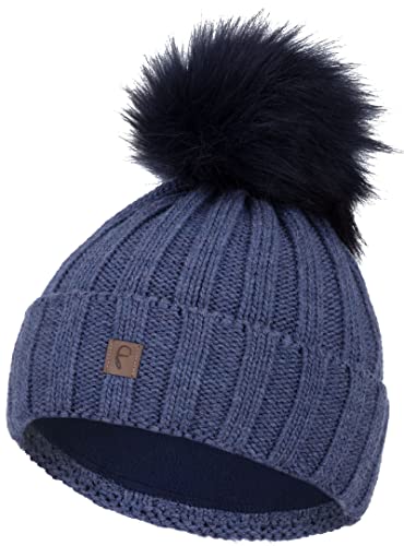 Faera Bommelmütze Mütze Damen gefüttert Wintermütze Strickmütze Mädchen Fleecefutter Beanie 79, Farbe:Jeansblau von Faera